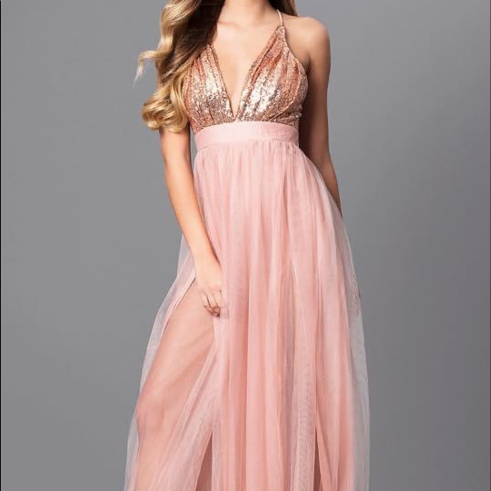 Promgirl luxxel rose gold sequin long formal dress